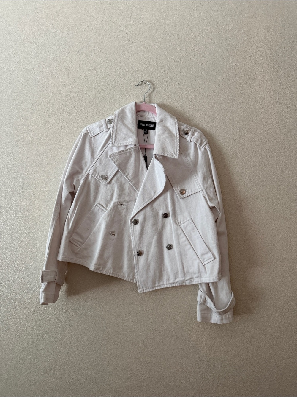 Steve Madden Off-White Cropped Double-Breasted Trench Jacket